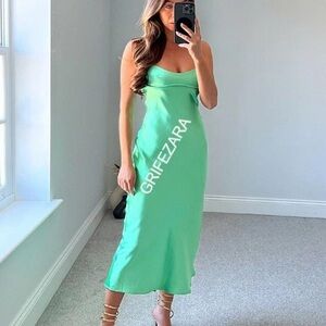 Zara Mint Green Satin Midi Slip Dress